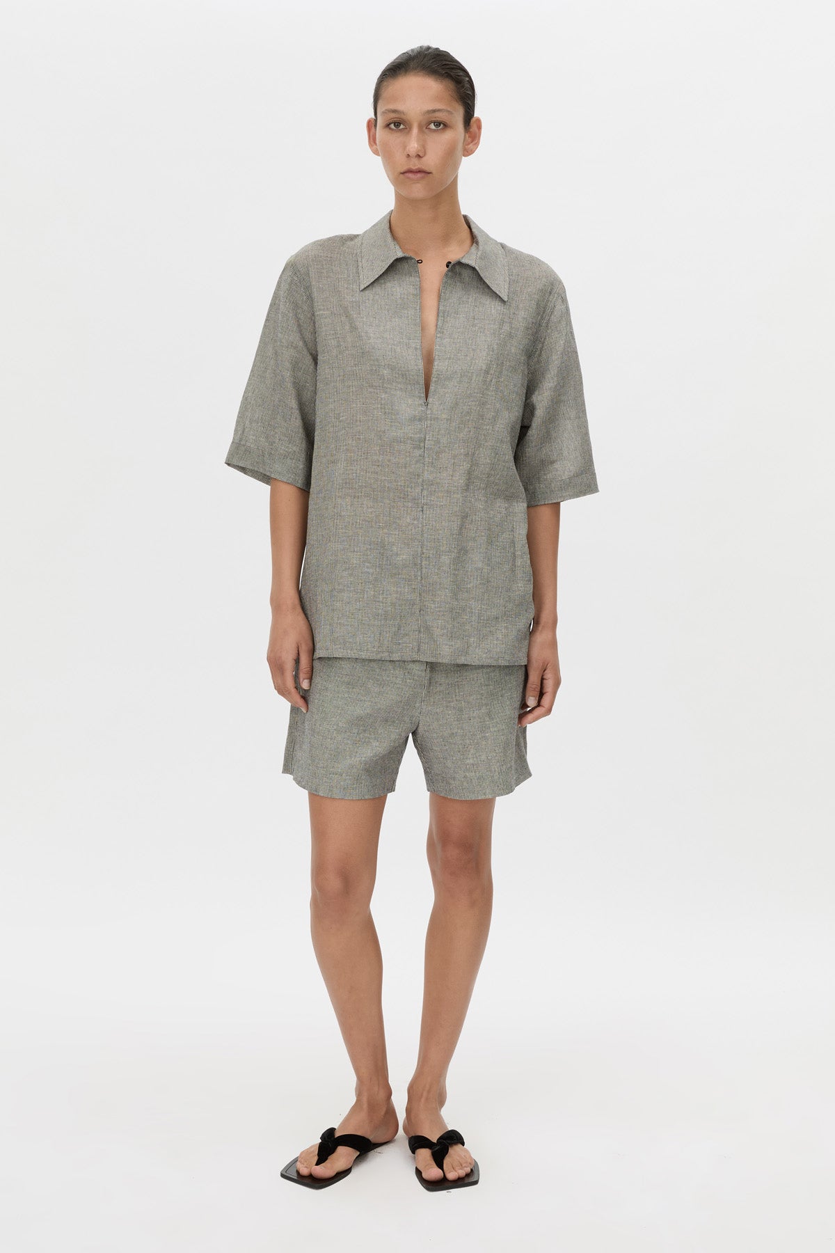 Phostre Stripe Linen Collared Top