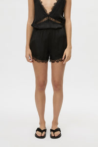 Cropped view CAMILLA AND MARC Mirage Lace Trim Short in Black, featuring a satin fabrication, and elastic waistband.