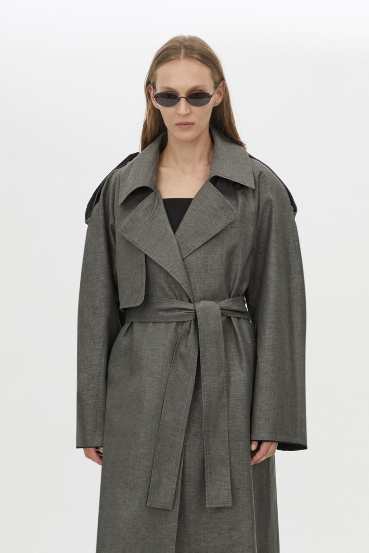 Close Up View CAMILLA AND MARC Ember Trech Coat in grey with oversized fit and waist belt.