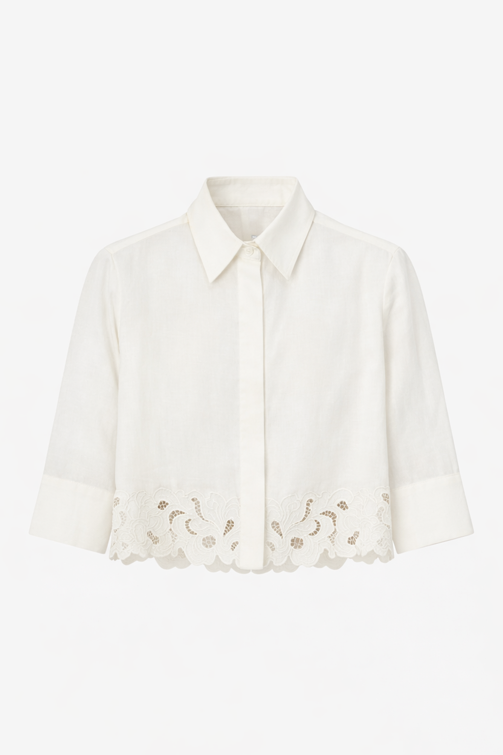 Ghost view CAMILLA AND MARC Chara Embroidered Cropped Shirt in Cream with short sleeves, lace hem and slight A‑line fit.