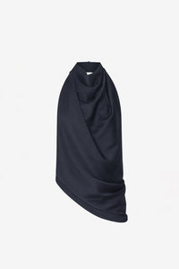 Ghost view CAMILLA AND MARC Elowyn Halter Top in French Navy with a draped open back and asymmetric hem.